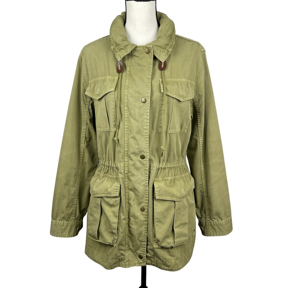 J.Crew Women's Utility Jacket Large Olive Green Military Hooded Full Zip Cotton - Picture 8 of 14